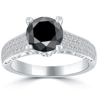 1.98 Carat Certified Natural Black Diamond Engagement Ring 14k White Gold