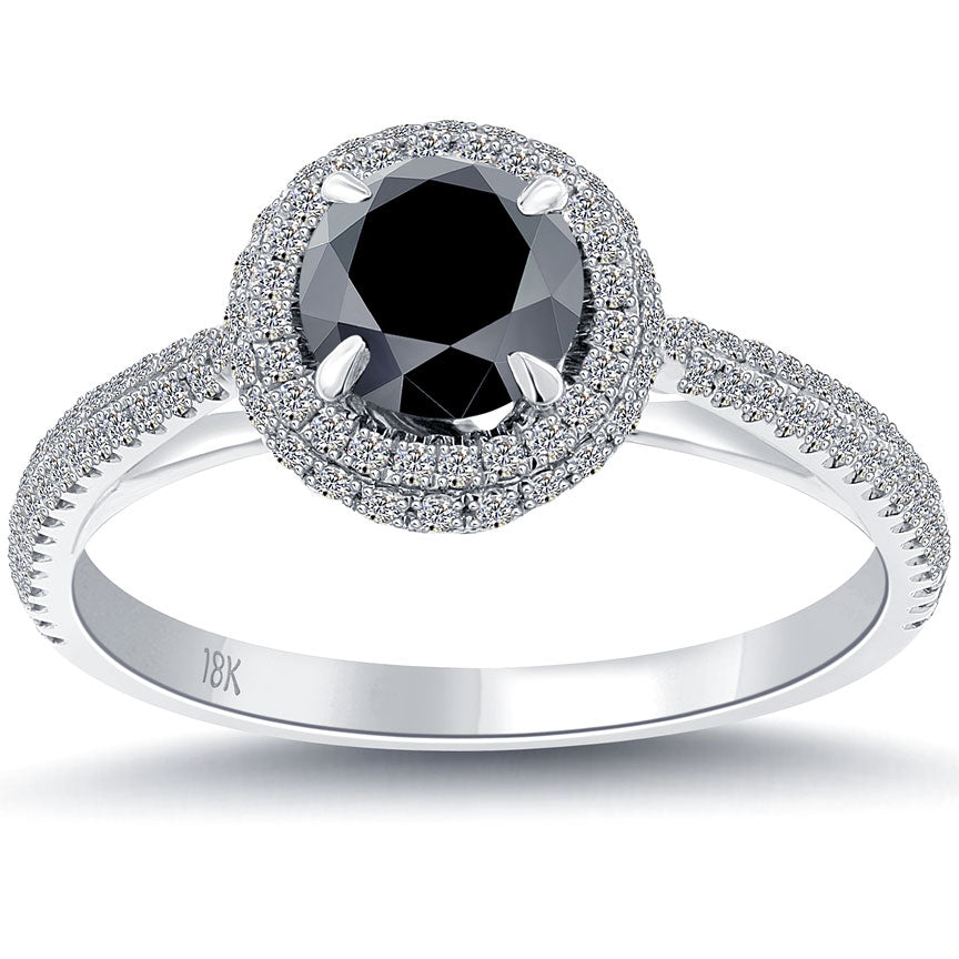 1.13 Carat Certified Natural Black Diamond Engagement Ring 18k Gold Pave Halo