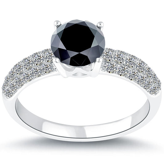 1.83 Carat Certified Natural Black Diamond Engagement Ring 14k White Gold