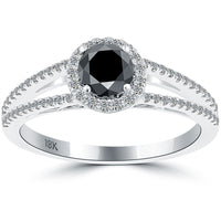 1.05 Carat Certified Natural Black Diamond Engagement Ring 18k Gold Pave Halo