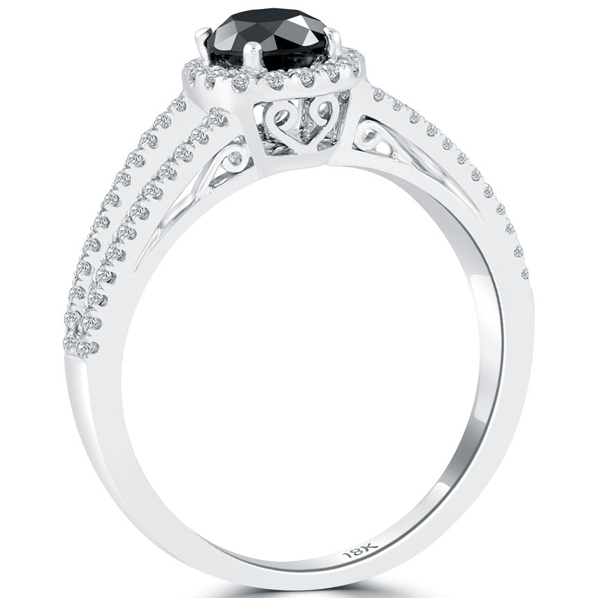 1.05 Carat Certified Natural Black Diamond Engagement Ring 18k Gold Pave Halo