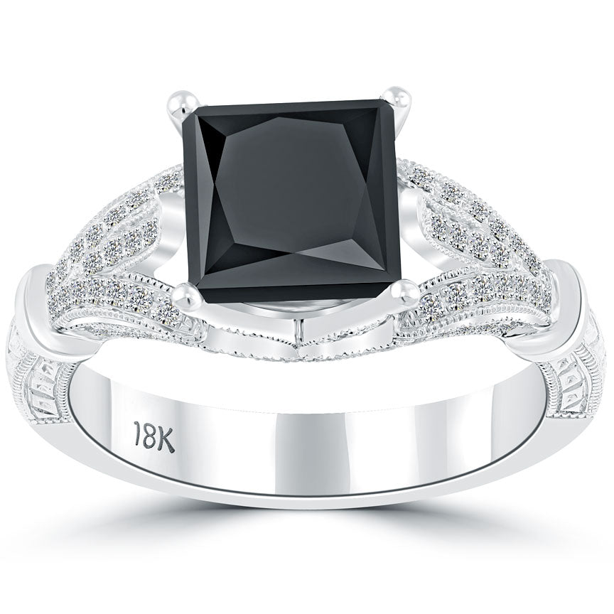 2.55 Carat Certified Princess Cut Black Diamond Engagement Ring 18k White Gold