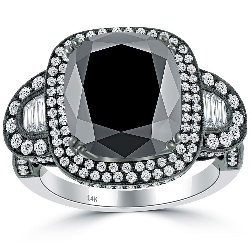7.88 Ctw Cushion Cut Black Diamond Engagement Ring 14k Black Gold Vintage Style