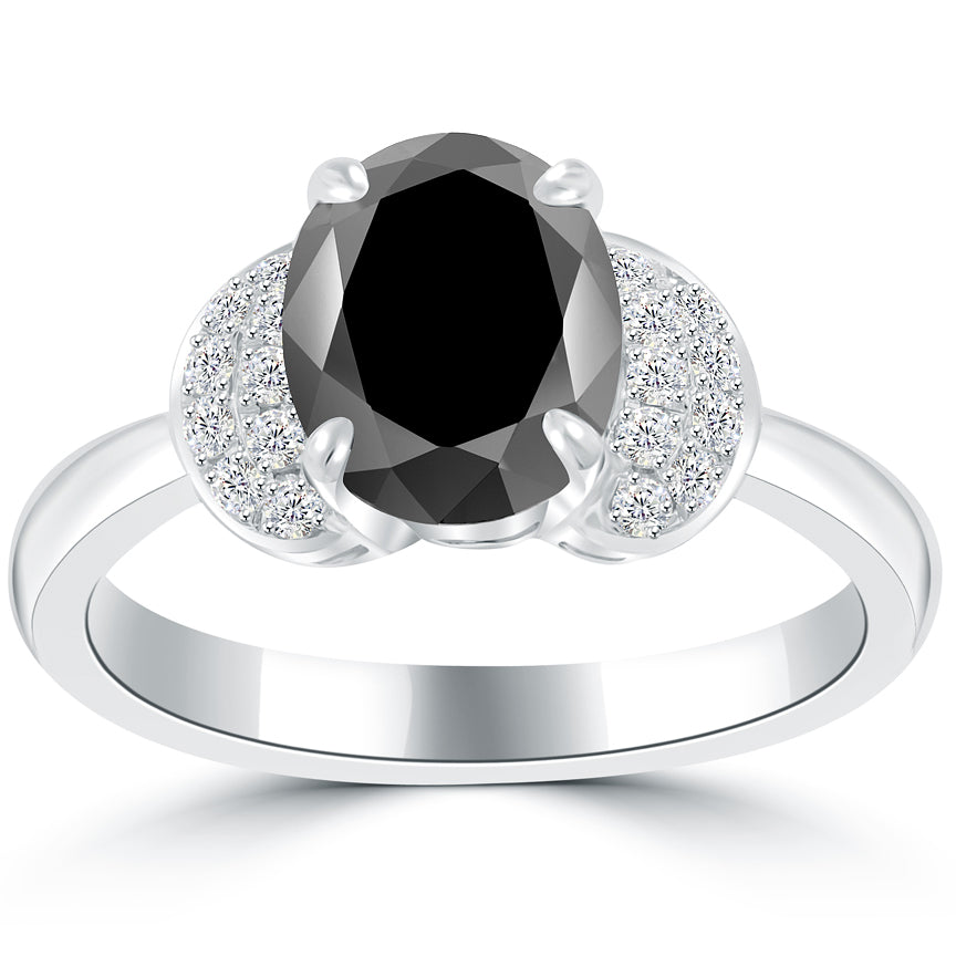 2.04 Ctw Certified Natural Oval Cut Black Diamond Engagement Ring 14k White Gold