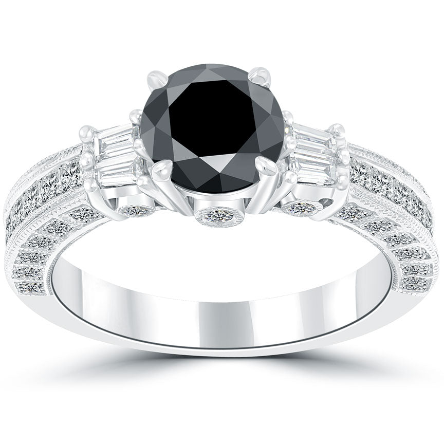 2.38 Carat Certified Natural Black Diamond Engagement Ring 14k White Gold