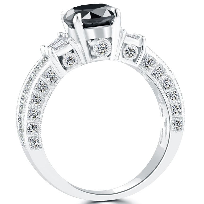 2.38 Carat Certified Natural Black Diamond Engagement Ring 14k White Gold