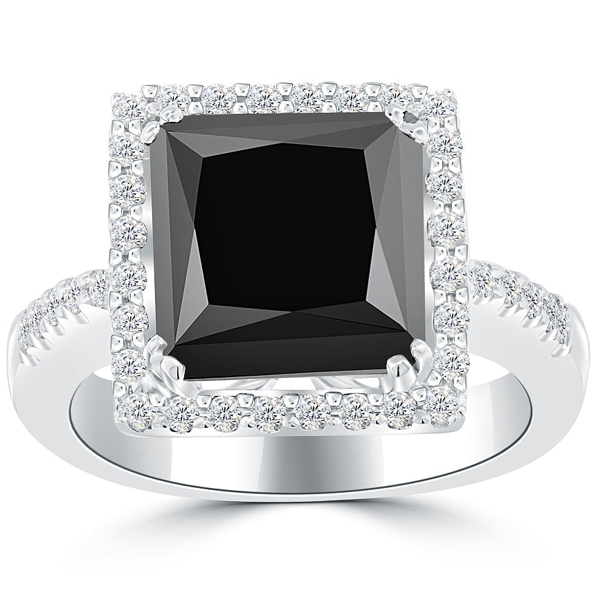 4.88 Carat Princess Cut Natural Black Diamond Engagement Ring 14k White Gold