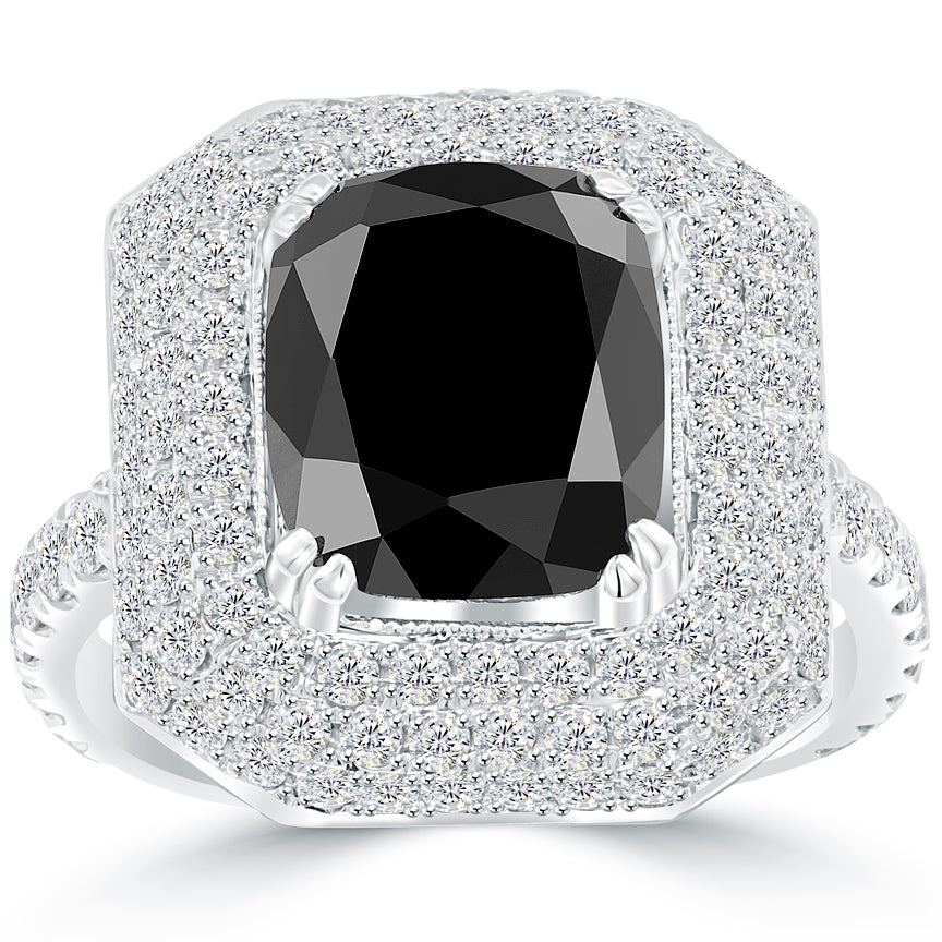 3.71 Carat Cushion Cut Black Diamond Engagement Ring 14k Pave Halo Vintage Style