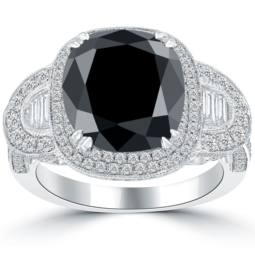 6.08 Carat Cushion Cut Natural Black Diamond Engagement Ring 14k Vintage Style