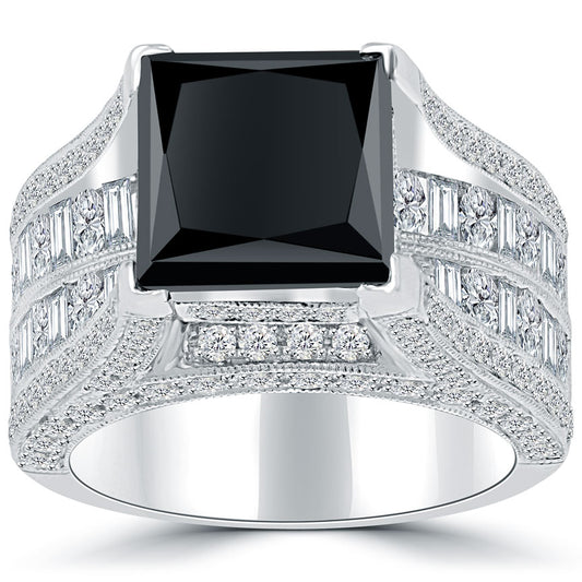 8.82 Carat Princess Cut Natural Black Diamond Engagement Ring 14k White Gold