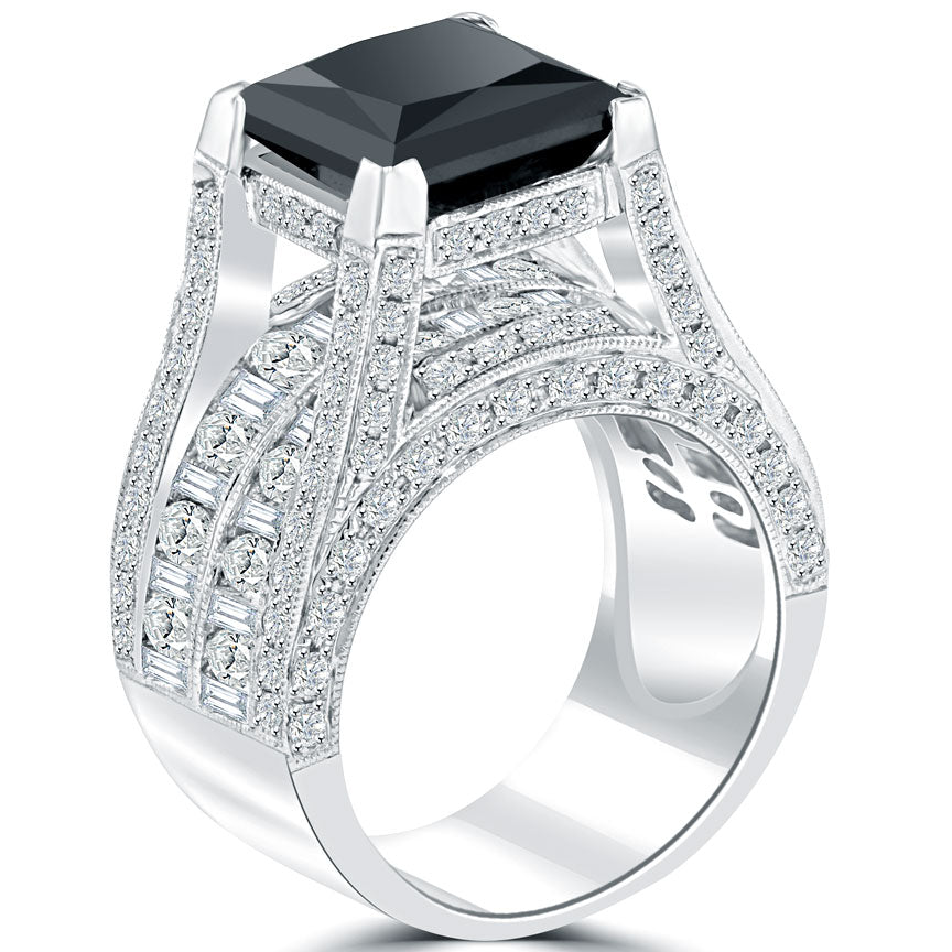 8.82 Carat Princess Cut Natural Black Diamond Engagement Ring 14k White Gold
