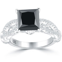 3.05 Carat Certified Princess Cut Black Diamond Engagement Ring 18k White Gold