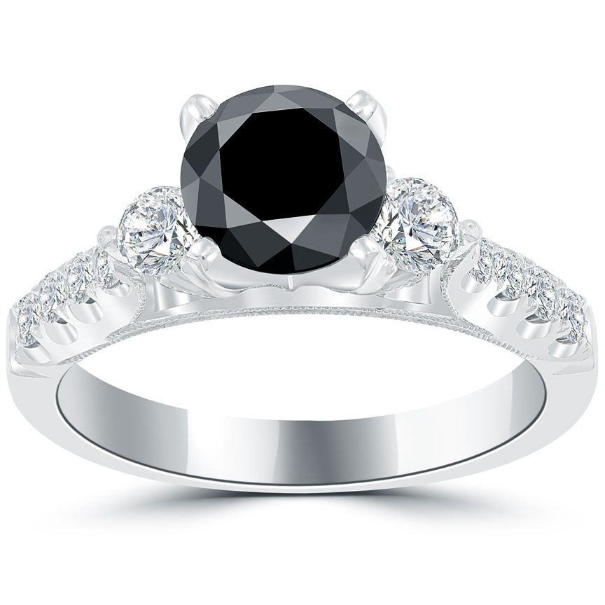 2.30 Carat Natural Black Diamond Engagement Ring 14K White Gold Vintage Style