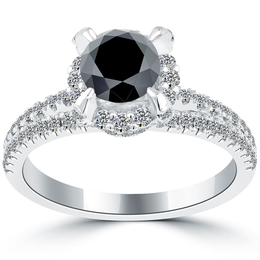 1.92 Carat Certified Natural Black Diamond Engagement Ring 18k White Gold