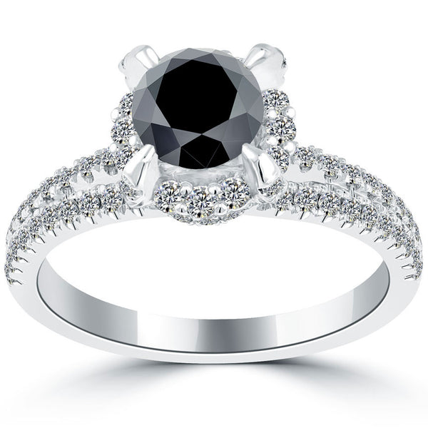 1.92 Carat Certified Natural Black Diamond Engagement Ring 18k White Gold