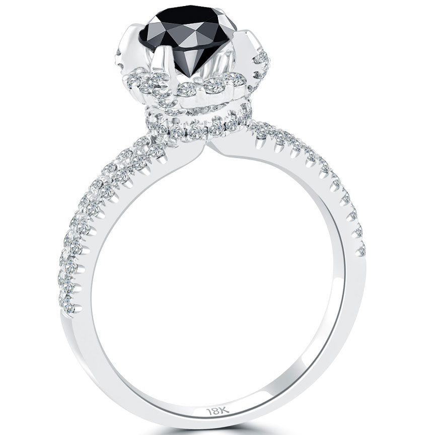 1.92 Carat Certified Natural Black Diamond Engagement Ring 18k White Gold