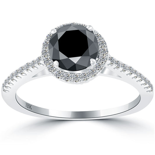 1.25 Carat Certified Natural Black Diamond Engagement Ring 18k Gold Pave Halo