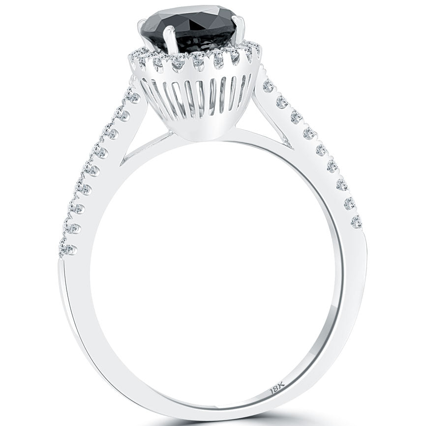 1.25 Carat Certified Natural Black Diamond Engagement Ring 18k Gold Pave Halo