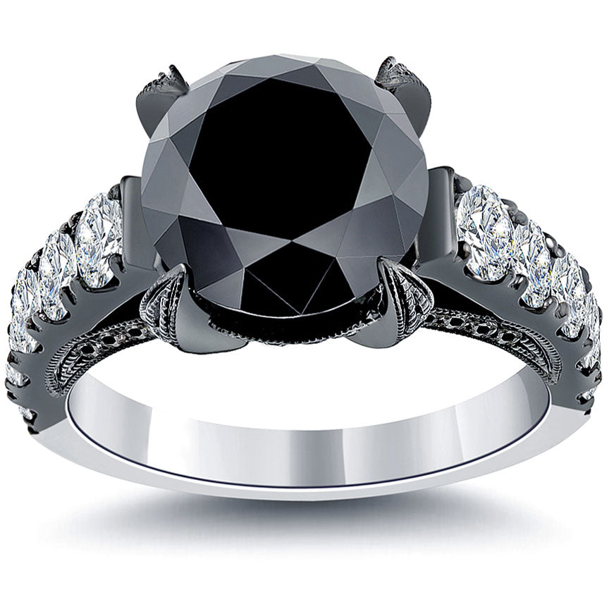 5.32 Carat Vintage Style Natural Black Diamond Engagement Ring 14k Black Gold