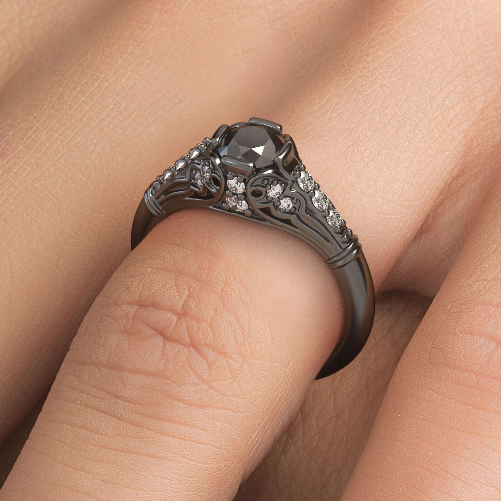 1.04 Carat Natural Black Diamond Engagement Ring 14k Black Gold Vintage Style
