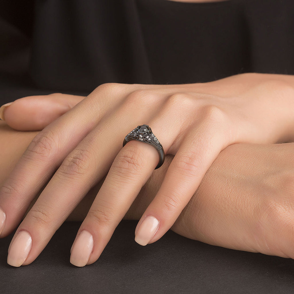 1.04 Carat Natural Black Diamond Engagement Ring 14k Black Gold Vintage Style
