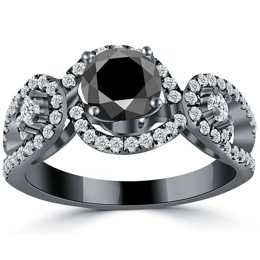 1.62 Carat Certified Natural Black Diamond Engagement Ring 14k Black Gold