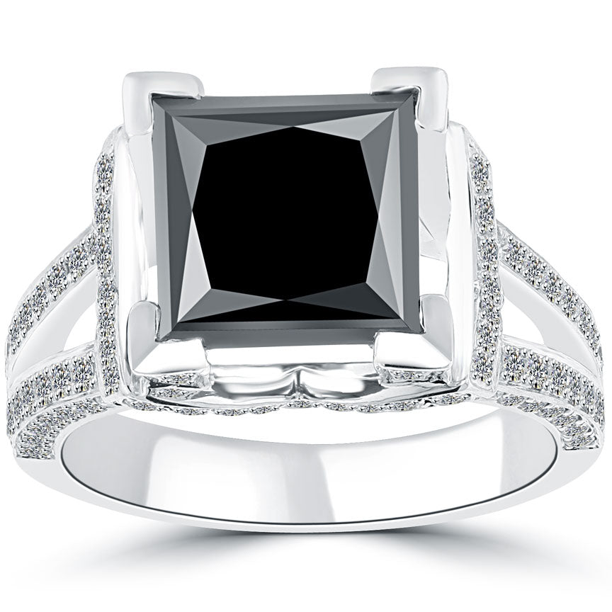 4.16 Carat Certified Princess Cut Black Diamond Engagement Ring 18k White Gold