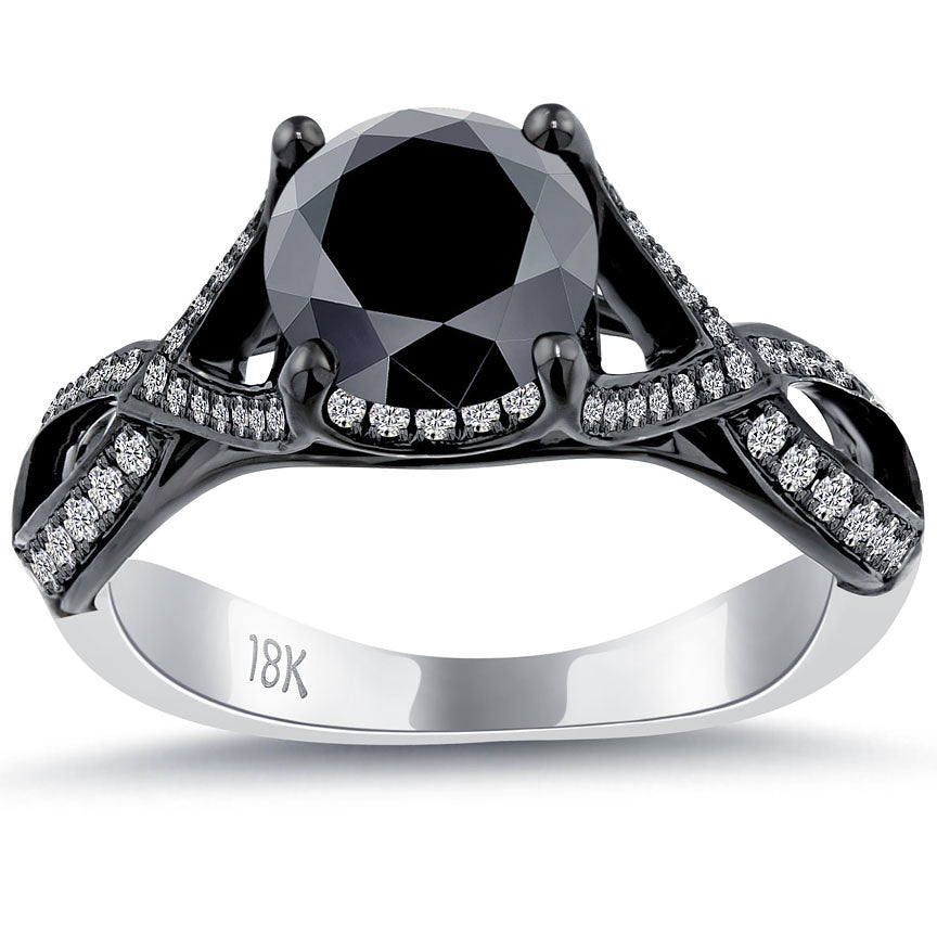 1.99 Carat Vintage Style Natural Black Diamond Engagement Ring 18k Black Gold