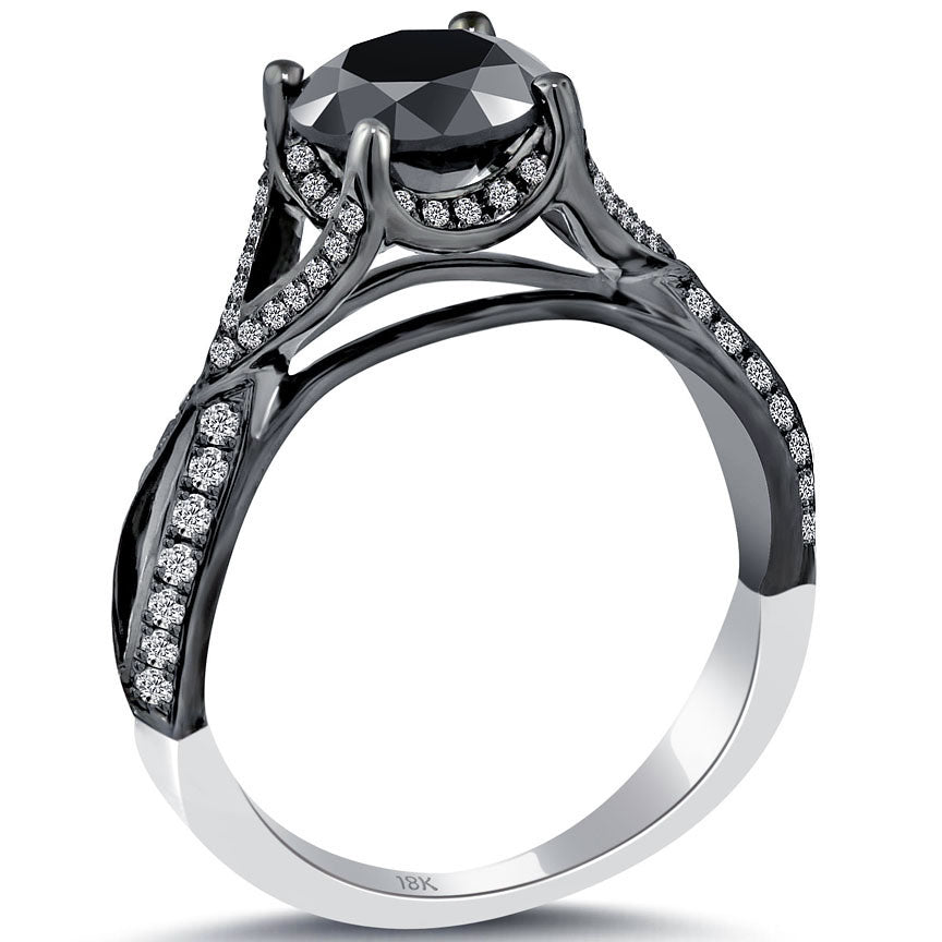 1.99 Carat Vintage Style Natural Black Diamond Engagement Ring 18k Black Gold