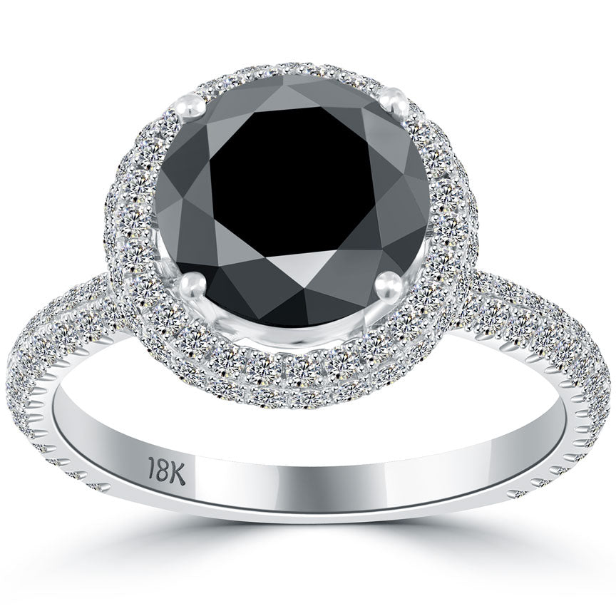 3.33 Carat Vintage Style Natural Black Diamond Engagement Ring 18k White Gold