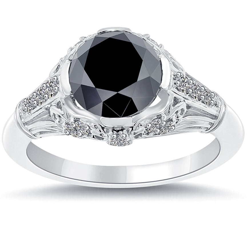 2.71 Carat Vintage Style Natural Black Diamond Engagement Ring 14k White Gold