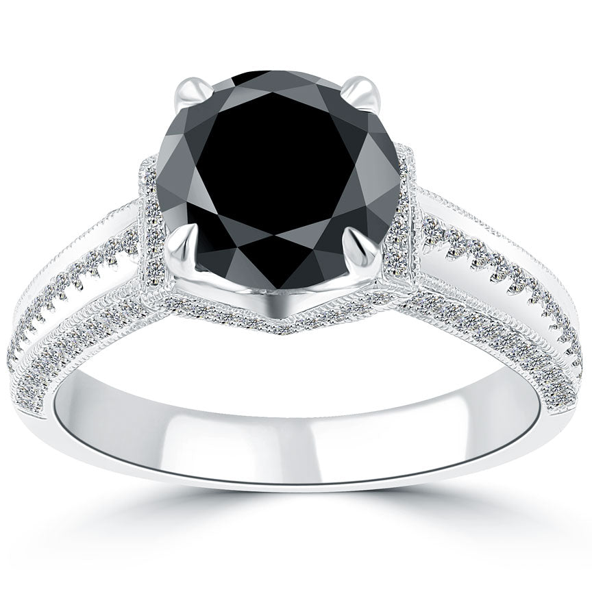 3.01 Carat Certified Natural Black Diamond Engagement Ring 14k White Gold