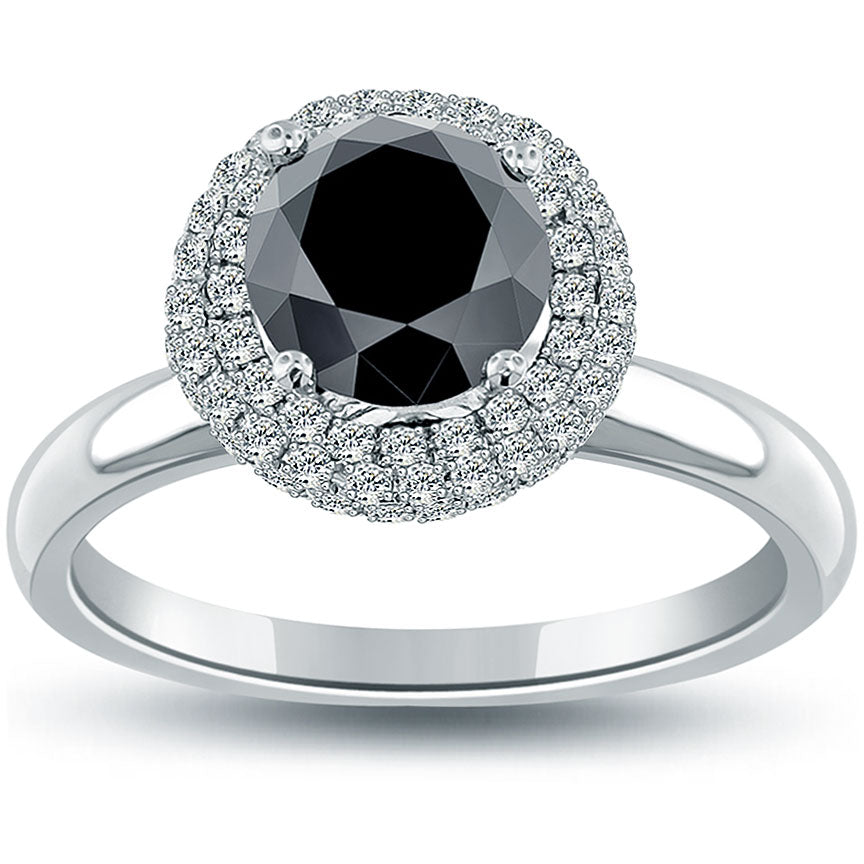 1.80 Carat Pave Halo Natural Black Diamond Engagement Ring 14k White Gold