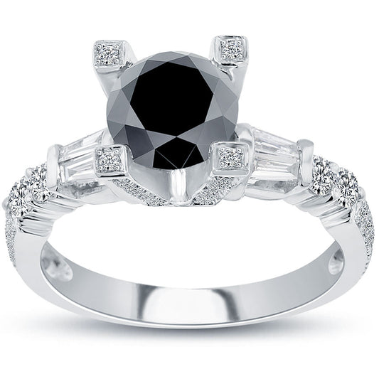 2.60 Carat Certified Natural Black Diamond Engagement Ring 14k White Gold