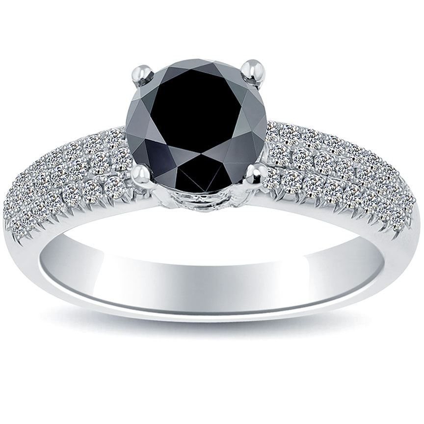 1.78 Carat Certified Natural Black Diamond Engagement Ring 14k White Gold