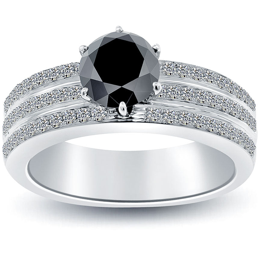 2.13 Carat Certified Natural Black Diamond Engagement Ring 14k White Gold