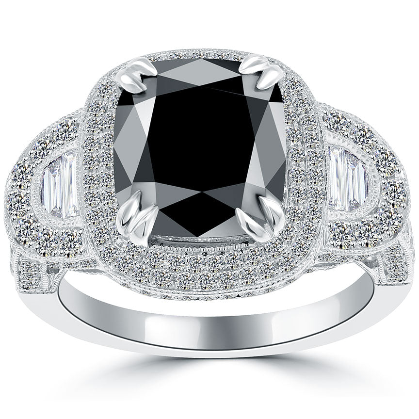 4.53 Carat Cushion Cut Natural Black Diamond Engagement Ring 14k Vintage Style