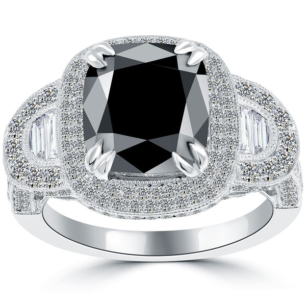 4.53 Carat Cushion Cut Natural Black Diamond Engagement Ring 14k Vintage Style