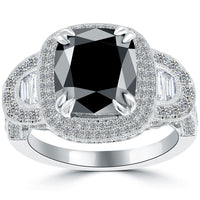 4.53 Carat Cushion Cut Natural Black Diamond Engagement Ring 14k Vintage Style