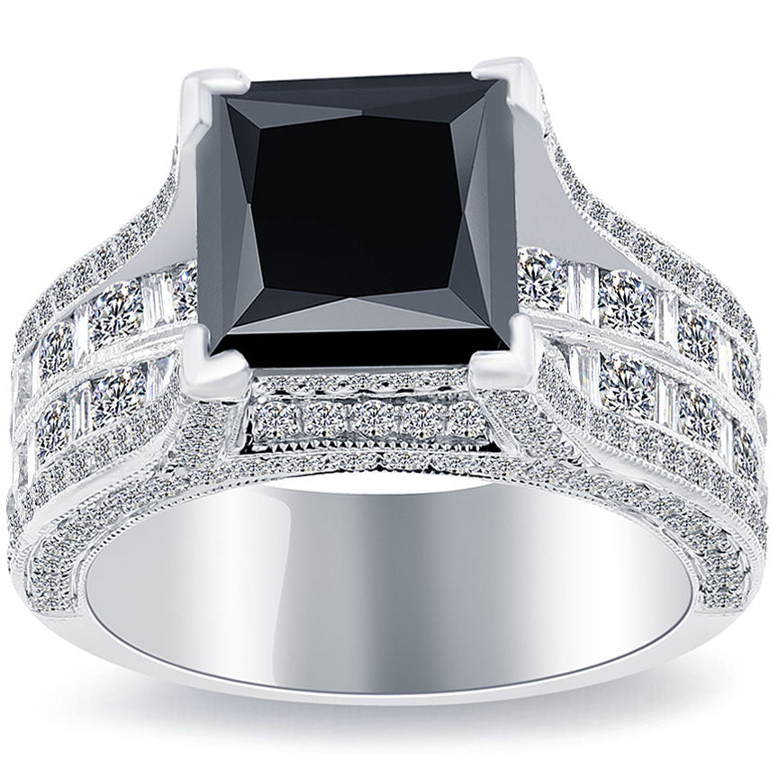 5.57 Carat Princess Cut Natural Black Diamond Engagement Ring 14k White Gold