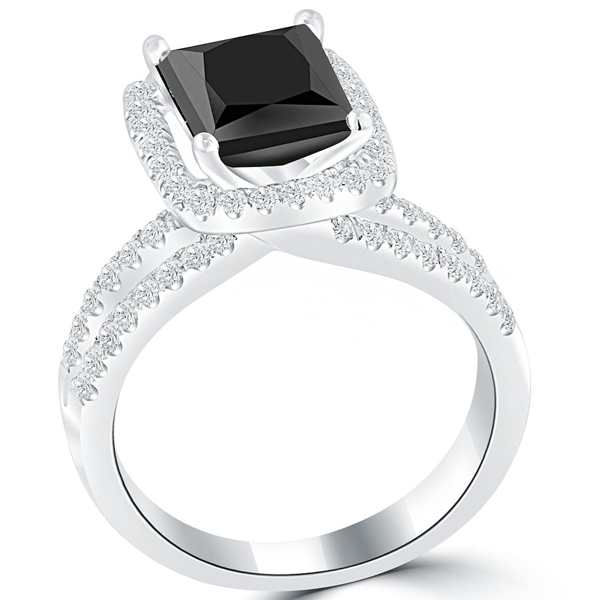 2.78 Carat Princess Cut Natural Black Diamond Engagement Ring 14k White Gold