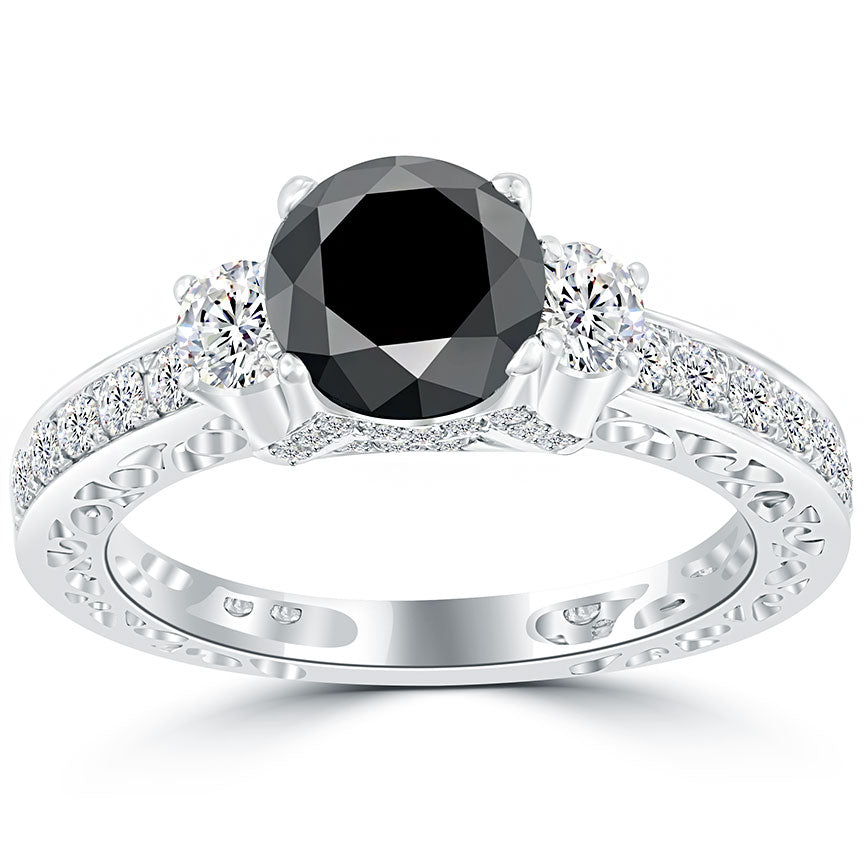 3.08ctw Certified Natural Black Diamond Engagement Ring 14k White Gold