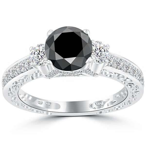 3.08ctw Certified Natural Black Diamond Engagement Ring 14k White Gold