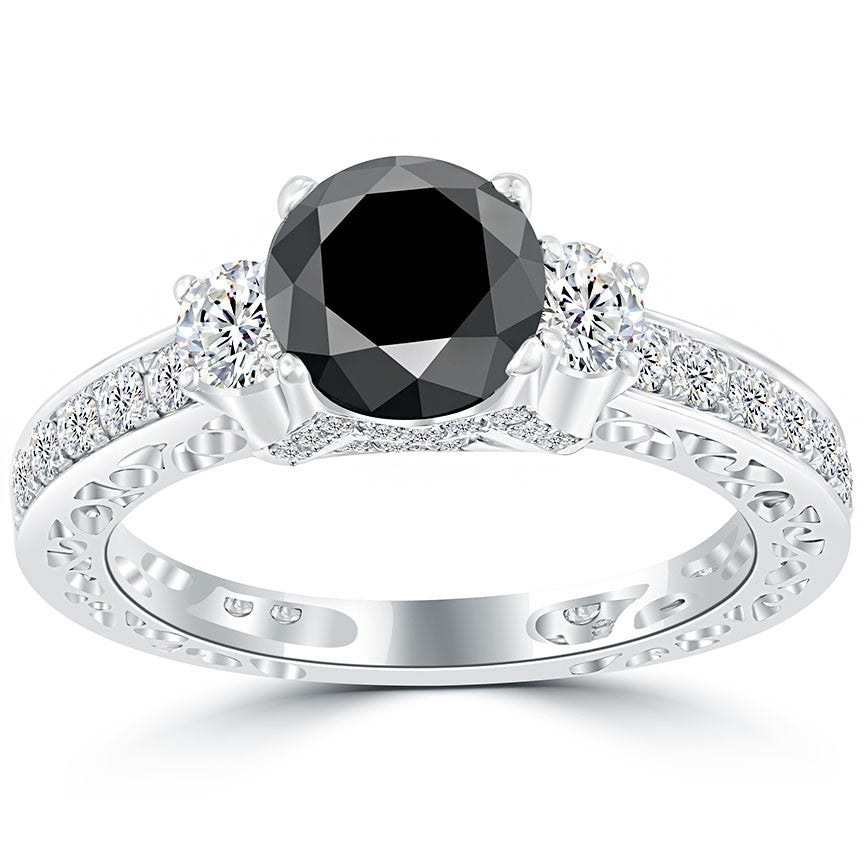 3.08 Carat Certified Natural Black Diamond Engagement Ring 14k White Gold