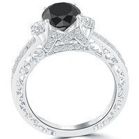 3.08 Carat Certified Natural Black Diamond Engagement Ring 14k White Gold