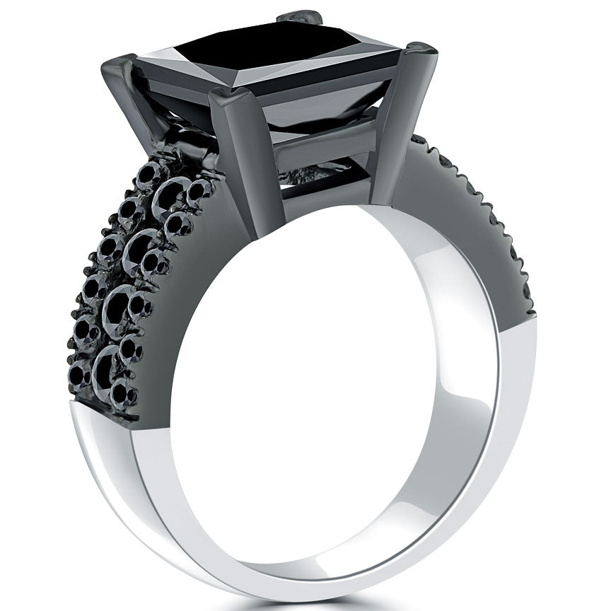 5.59 Carat Princess Cut Natural Black Diamond Engagement Ring 14k Black Gold