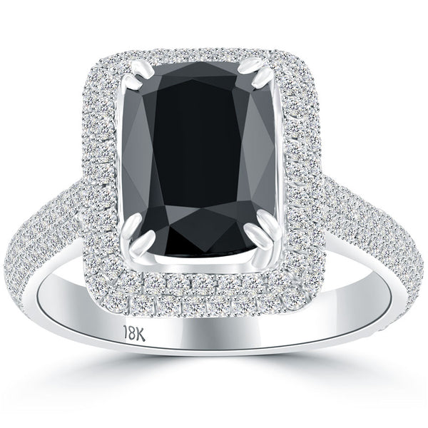 4.35ctw Cushion Cut Black Diamond Engagement Ring 18k Pave Halo Vintage Style