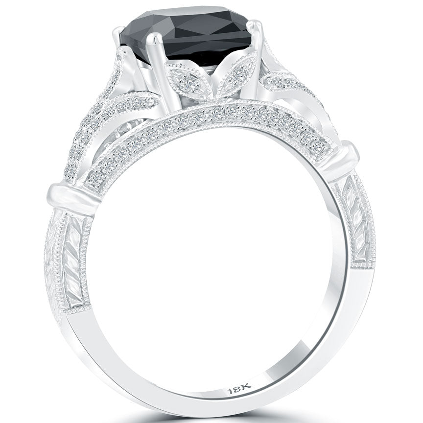 3.07 Carat Certified Cushion Cut Black Diamond Engagement Ring 18k White Gold
