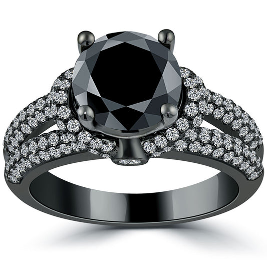 3.71 Carat Certified Natural Black Diamond Engagement Ring 14k Black Gold