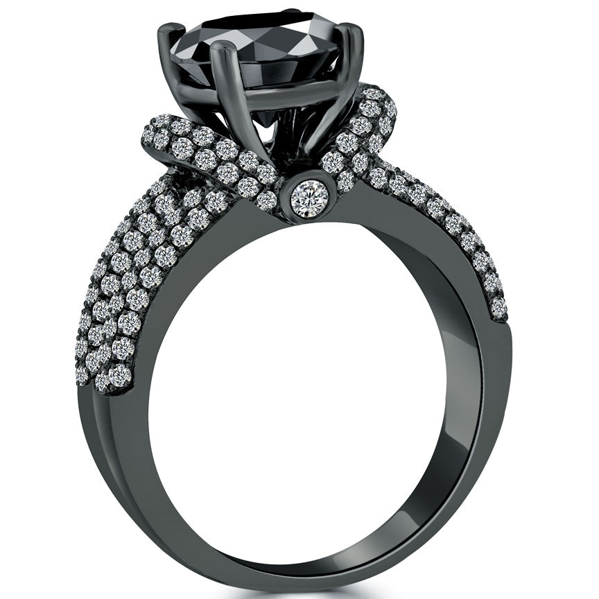 3.71 Carat Certified Natural Black Diamond Engagement Ring 14k Black Gold